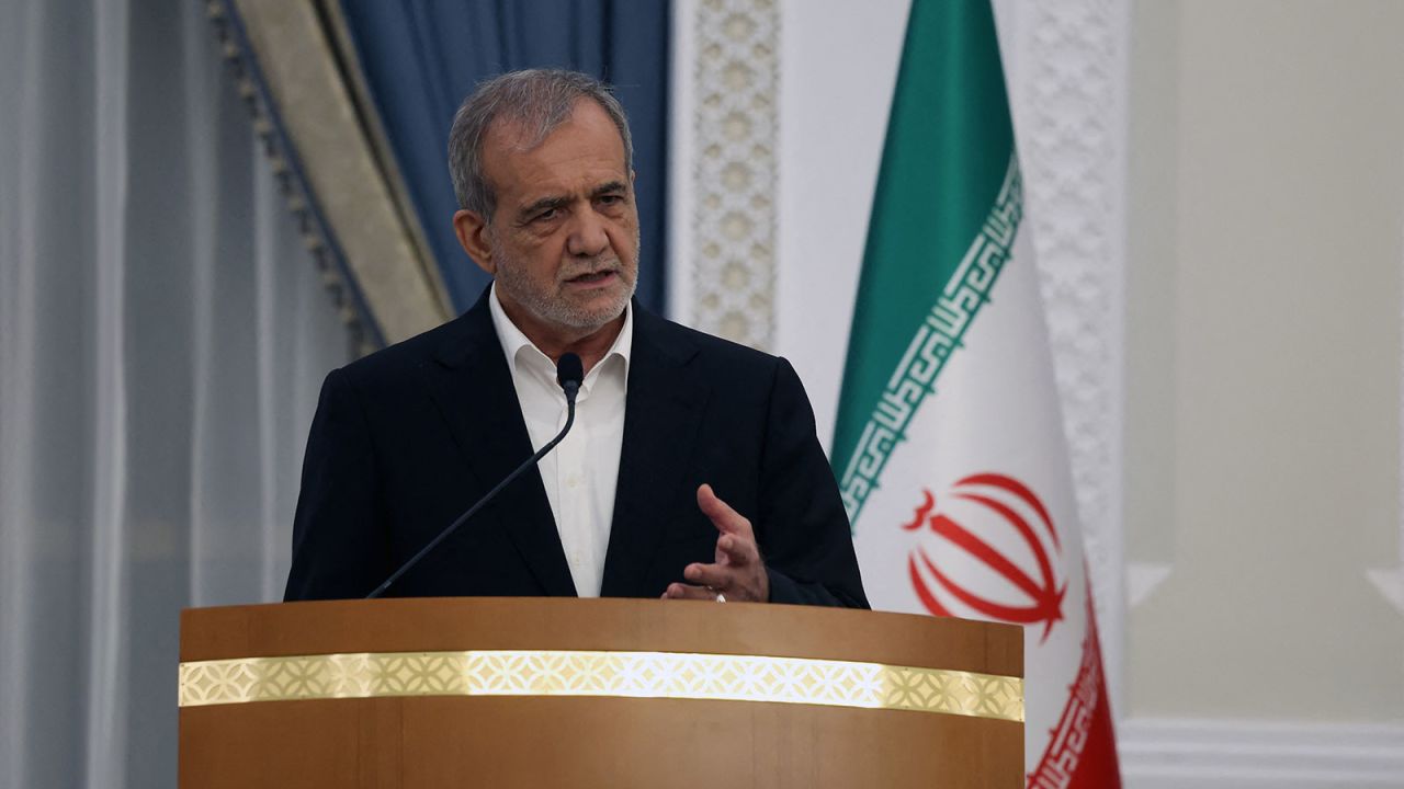 Iran's President Masoud Pezeshkian speaks during a press conference in Doha on Wednesday, October 2.