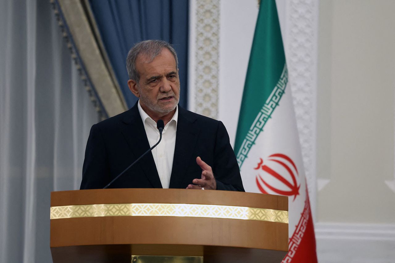 Iran's President Masoud Pezeshkian speaks during a press conference in Doha on Wednesday, October 2.