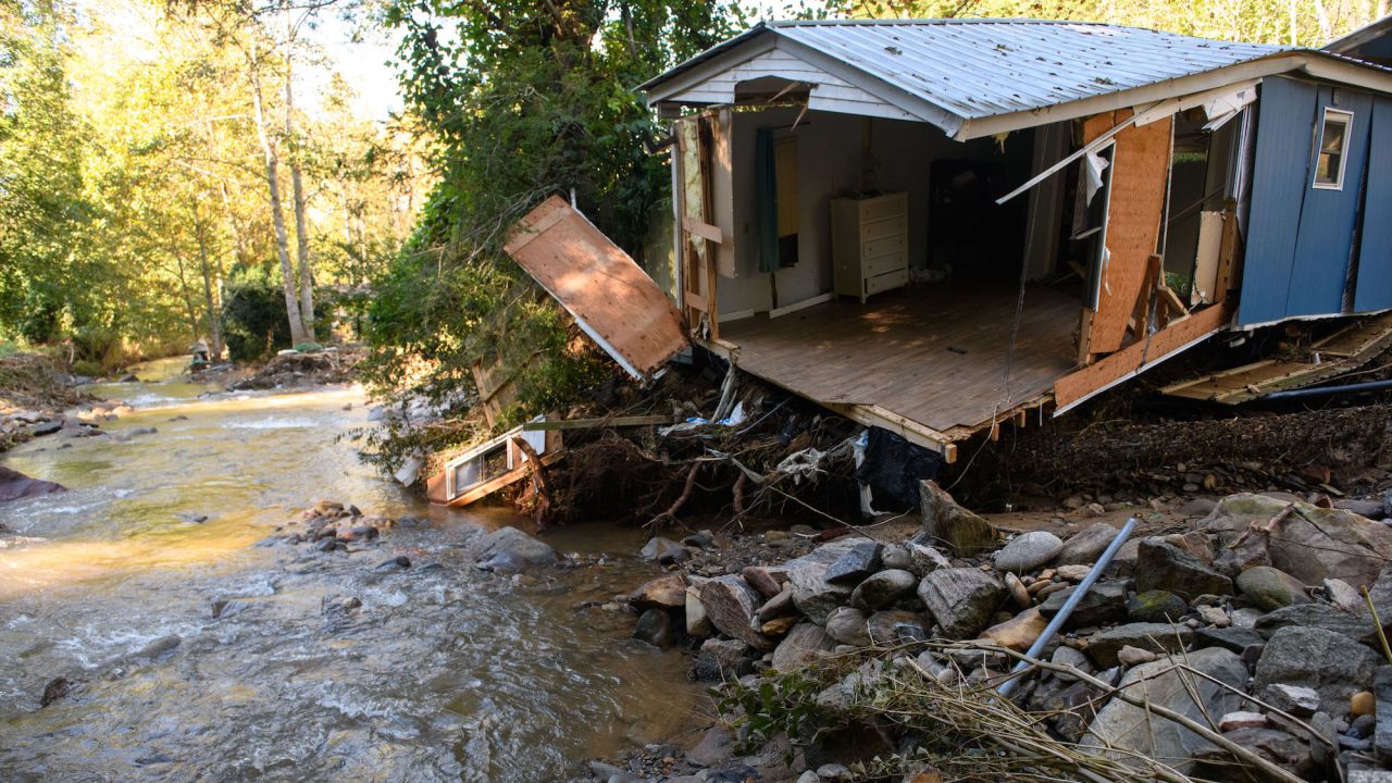 A damaged home is seen in Black Mountain, North Carolina.