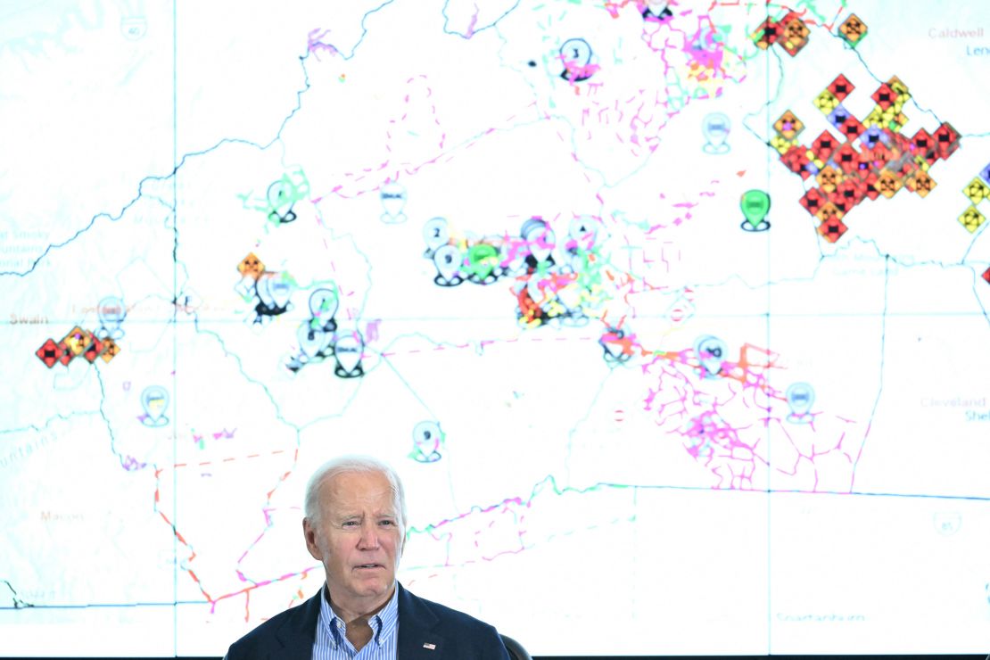 President Joe Biden speaks during an operational briefing at Raleigh Emergency Operations Center in the aftermath of Hurricane Helene, in Raleigh, North Carolina, on October 2, 2024.