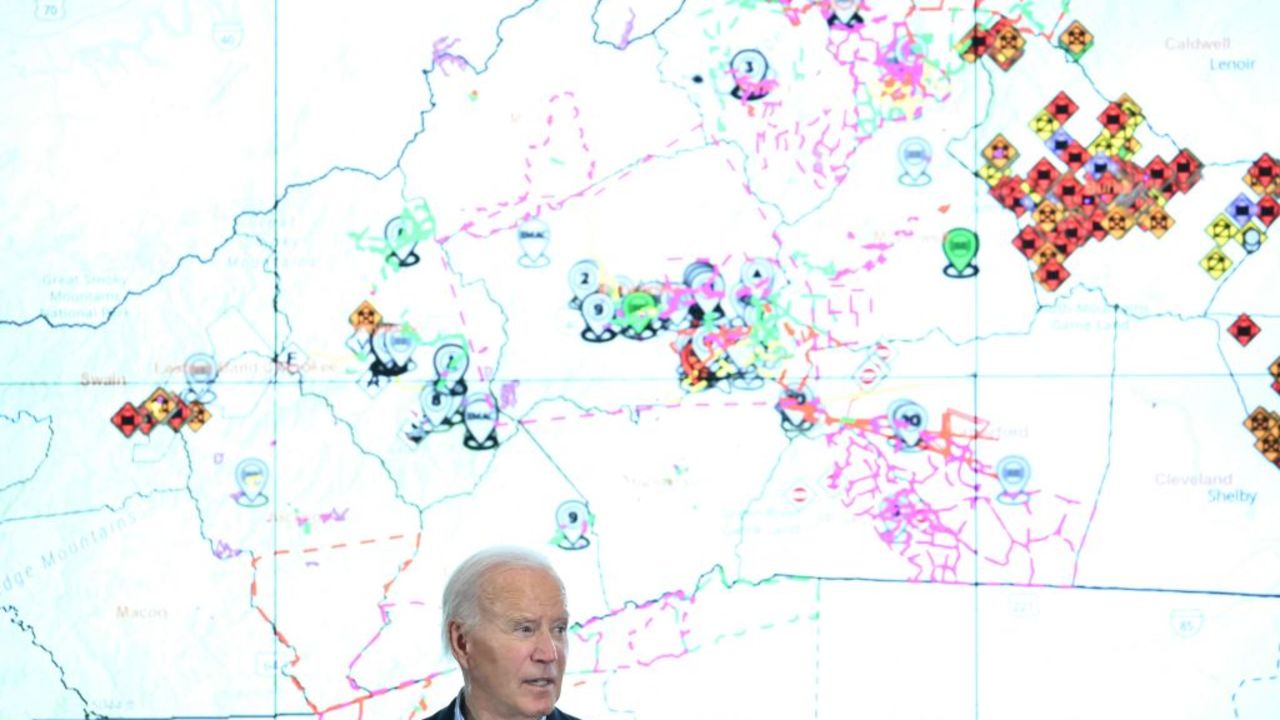 US President Joe Biden speaks during an Operational Briefing at Raleigh Emergency Operations Center following the age of Hurricane Helene, in Raleigh, North Carolina, on October 2, 2024. The death toll from powerful storm Helene, which battered the southeastern United States, has climbed to at least 155, authorities said on October 1. (Photo by Mandel NGAN / AFP) (Photo by MANDEL NGAN/AFP via Getty Images)