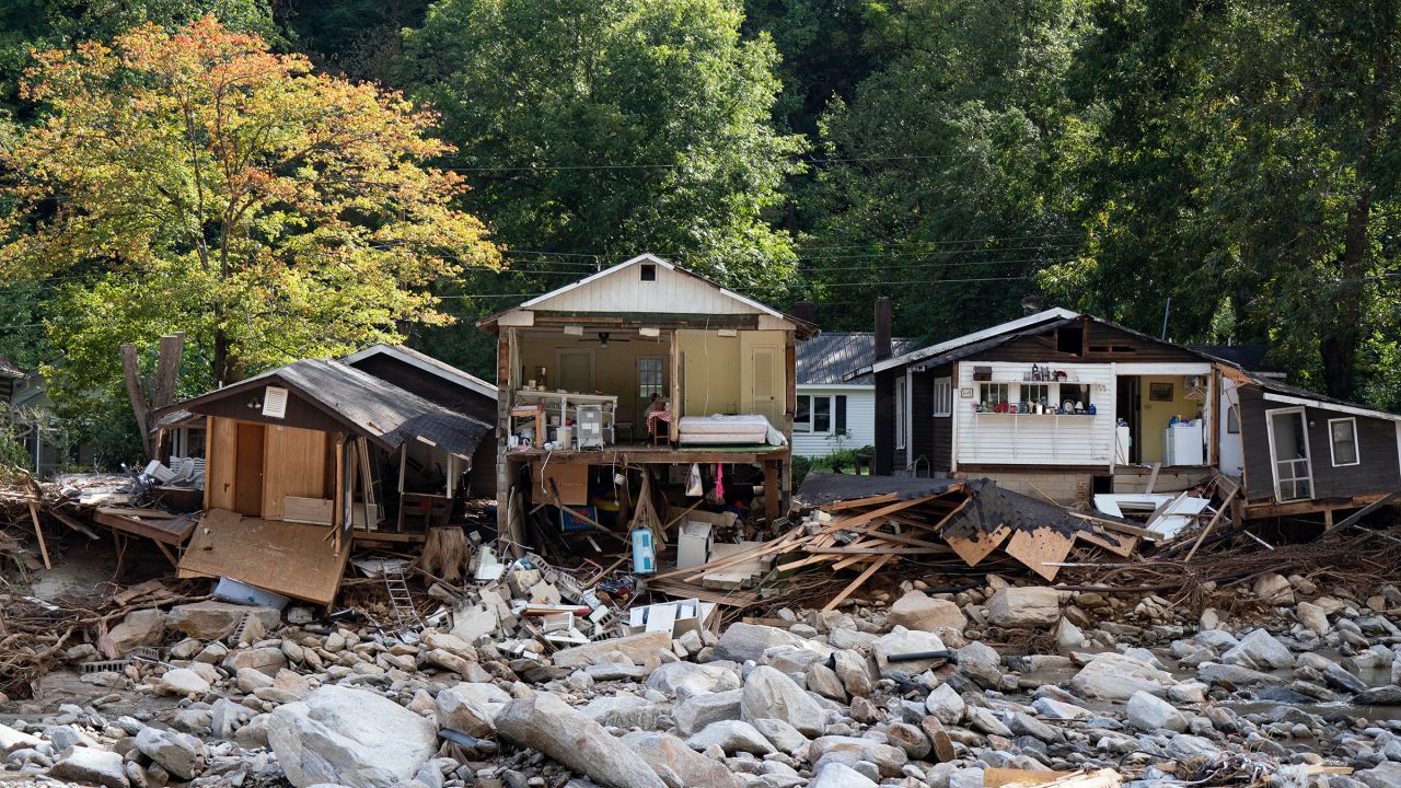 Destroyed homes are seen in Chimney Rock, North Carolina, on October 2, 2024, after the passage of Hurricane Helene. T