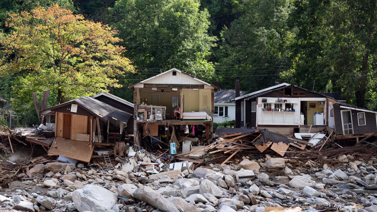 Destroyed homes are seen in Chimney Rock, North Carolina, on October 2, 2024, after the passage of Hurricane Helene. T