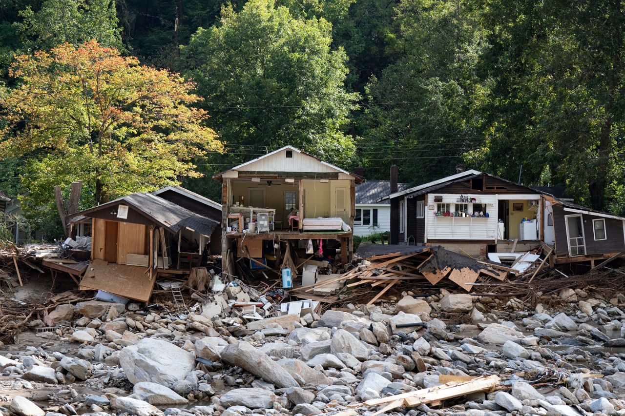 Destroyed homes are seen in Chimney Rock, North Carolina, on October 2, 2024, after the passage of Hurricane Helene. T