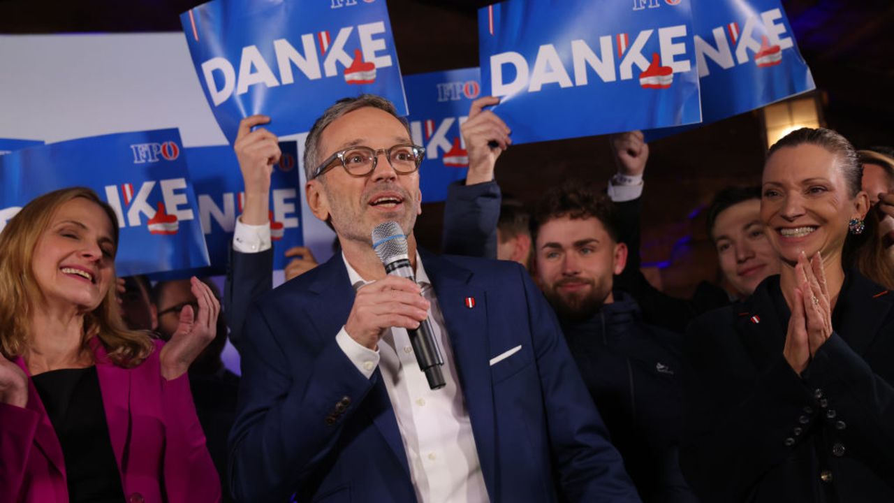 VIENNA, AUSTRIA - SEPTEMBER 29: Lead candidate of the far-right Freedom Party of Austria (FPOe) Herbert Kickl (C) celebrates with supporters at the FPOe election evening party following Austrian parliamentary elections on September 29, 2024 in Vienna, Austria. Initial election results show the far-right Freedom Party of Austria (FPOe) with approximately 29% in first place, with the Austrian People's Party (OeVP) of Chancellor Nehammer with approximately 26% in second place. (Photo by Sean Gallup/Getty Images)