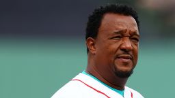 Former Boston Red Sox player Pedro Martinez looks on during a ceremony honoring the retirement of Hall of Fame Broadcaster Joe Castiglione before the game between the Tampa Bay Rays and Boston Red Sox at Fenway Park on September 29, 2024 in Boston, Massachusetts.