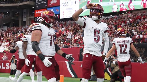 Jayden Daniels (No. 5) has enjoyed a historic start to life in the NFL with the Washington Commanders.