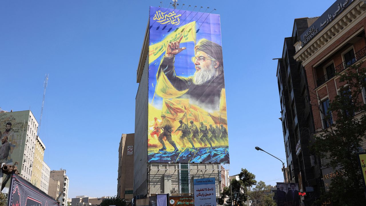 A billboard shows a portrait of slain Lebanese Hezbollah leader Hassan Nasrallah in Tehran, Iran, on October 3.