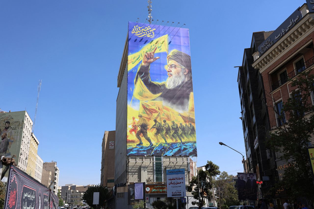 A billboard shows a portrait of slain Lebanese Hezbollah leader Hassan Nasrallah in Tehran, Iran, on October 3.