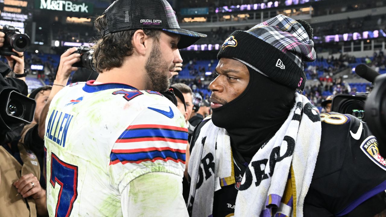 BALTIMORE, MARYLAND - SEPTEMBER 29: Josh Allen #17 of the Buffalo Bills and Lamar Jackson #8 of the Baltimore Ravens embrace after the game at M&T Bank Stadium on September 29, 2024 in Baltimore, Maryland. (Photo by Greg Fiume/Getty Images)