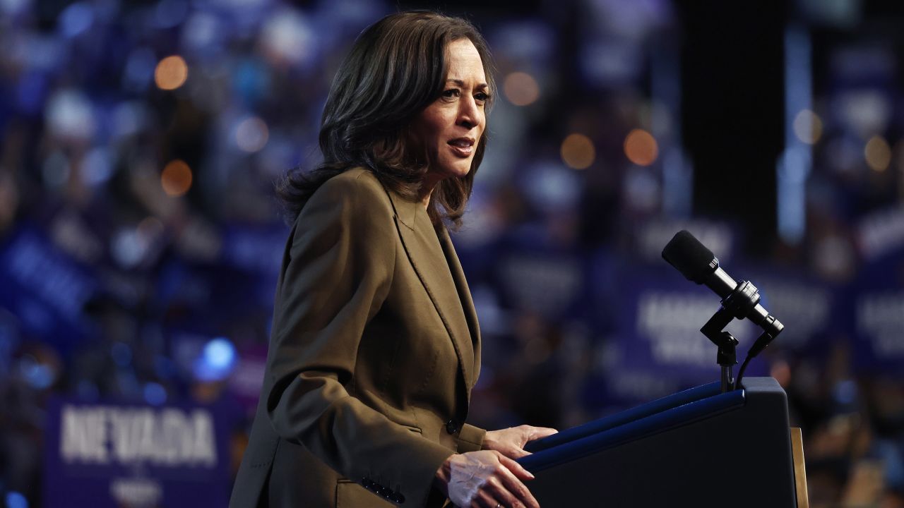 LAS VEGAS, NEVADA - SEPTEMBER 29: Democratic presidential nominee, Vice President Kamala Harris pauses while speaking during a campaign rally at the Expo at World Market Center on September 29, 2024 in Las Vegas, Nevada. Harris and her opponent Republican nominee, former President Donald Trump have both been holding events in Nevada, a battleground state in the 2024 election. (Photo by Mario Tama/Getty Images)