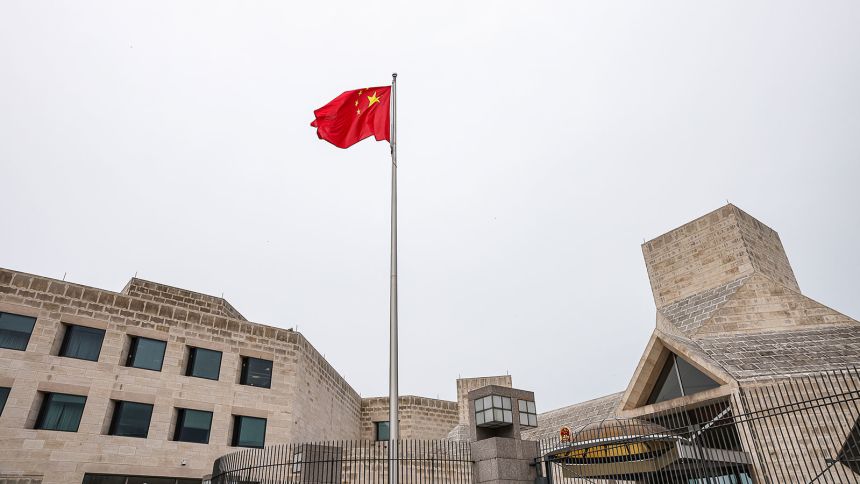 The Chinese flag flies in front of the Chinese embassy in Washington DC, on October 3, 2024.