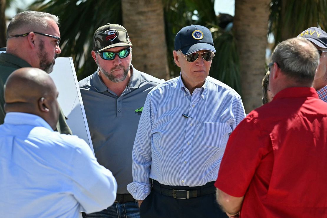 President Joe Biden visits an area affected by Hurricane Helene in Keaton Beach, Florida, on Thursday.