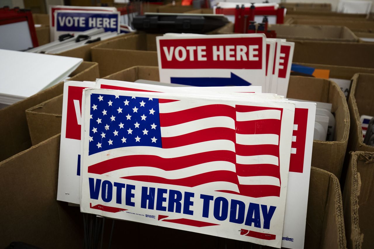 Voting signs are stocked and ready at an elections office in Lansing, Michigan, on October 3, ahead of the upcoming presidential election.