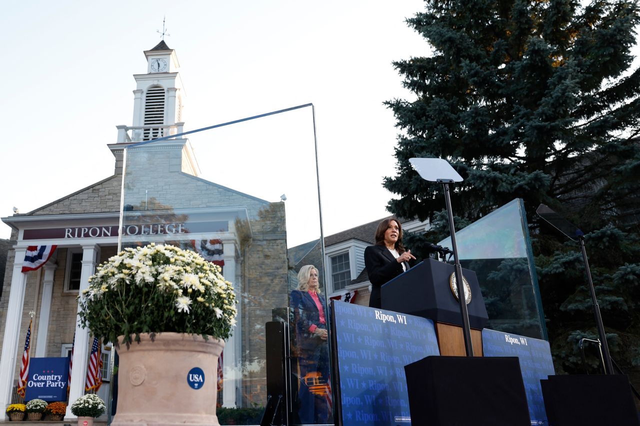 Kamala Harris speaks alongside Liz Cheney, left, during a campaign event at Ripon College in Ripon, Wisconsin, on October 3.