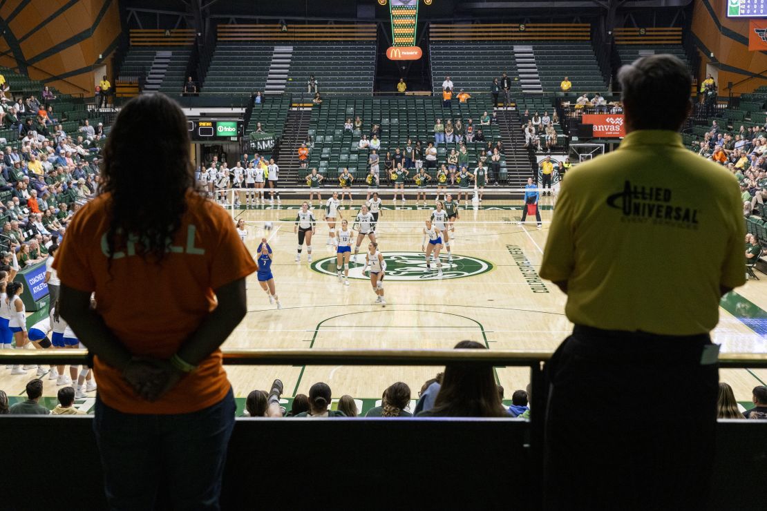 Workers monitor a women's volleyball game between San Jose State and Colorado State in Fort Collins, Colorado in October.