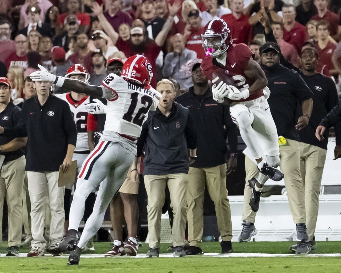 TUSCALOOSA, ALABAMA - SEPTEMBER 28: Ryan Williams #2 of the Alabama Crimson Tide catches a pass for the winning touchdown during a game between the Georgia Bulldogs and the Alabama Crimson Tide at Bryant-Denny Stadium on September 28, 2024 in Tuscaloosa, Alabama. (Photo by Steve Limentani/ISI Photos/Getty Images)