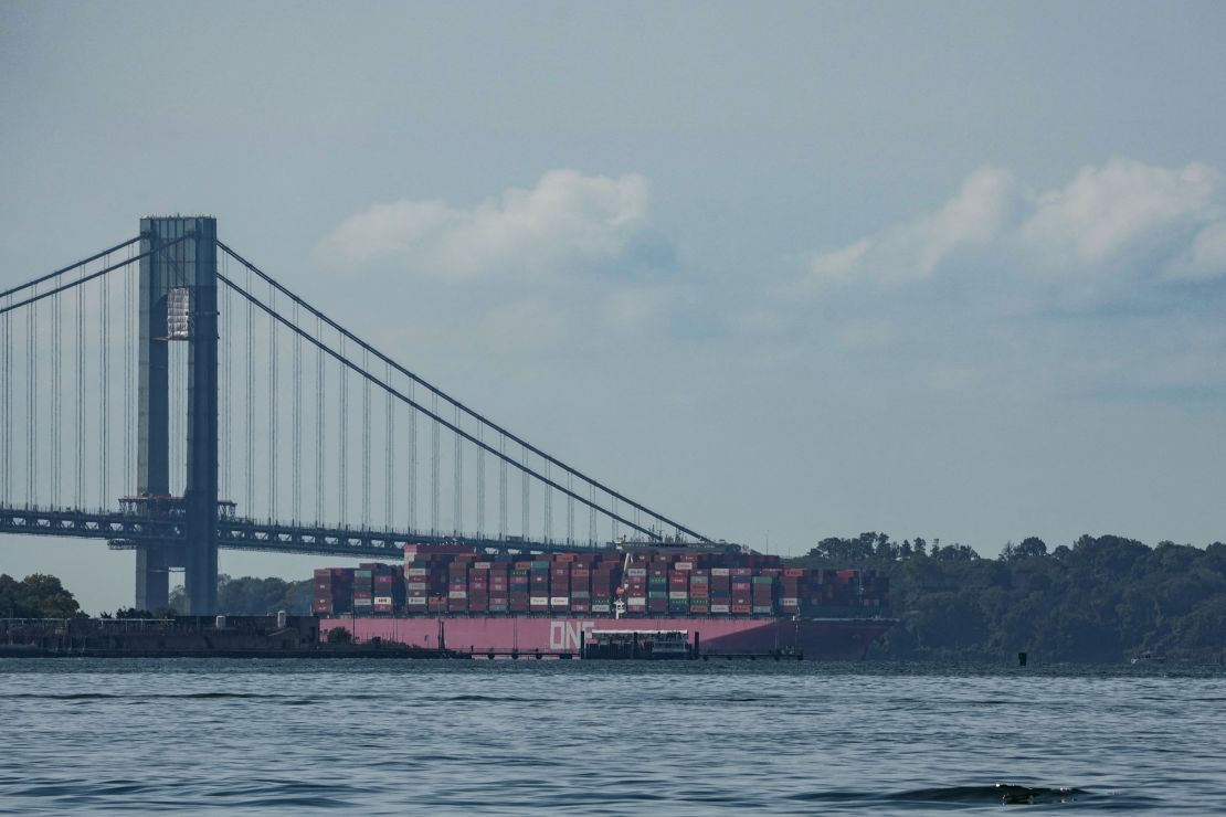 The container ship One Falcon passes the Verrazano Bridge in New York Harbor upon arrival on October 4, 2024.