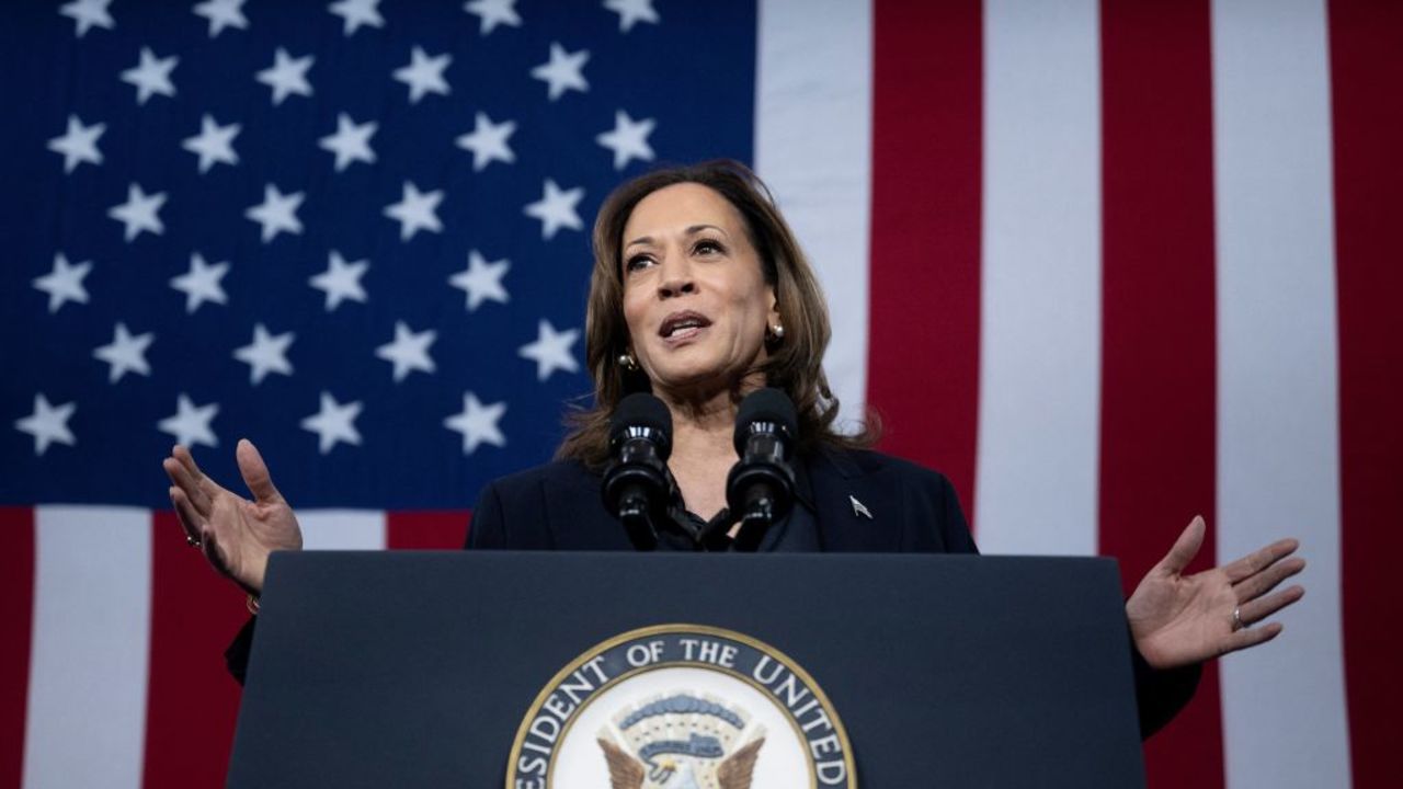 US Vice President Kamala Harris speaks to supporters at the Redford Fire Department on October 4, 2024 in Redford, Michigan. (Photo by Brendan Smialowski / AFP) (Photo by BRENDAN SMIALOWSKI/AFP via Getty Images)