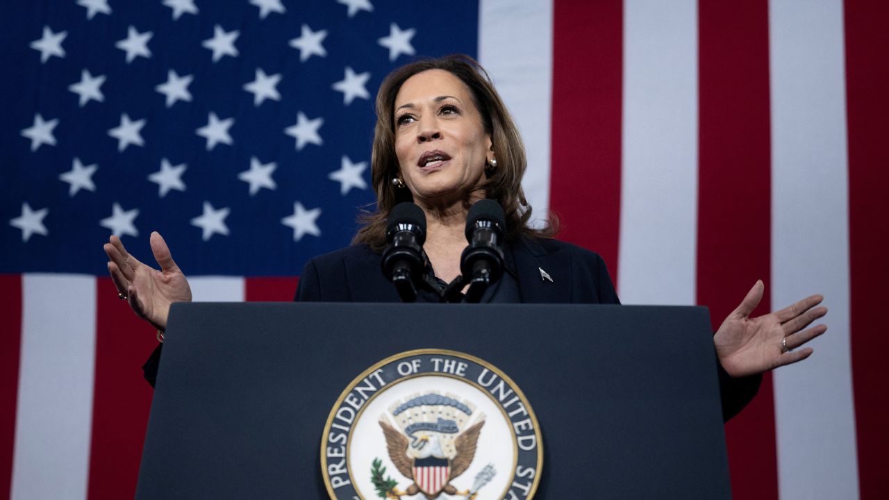 Vice President Kamala Harris speaks to supporters at the Redford Fire Department on October 4, in Redford, Michigan.