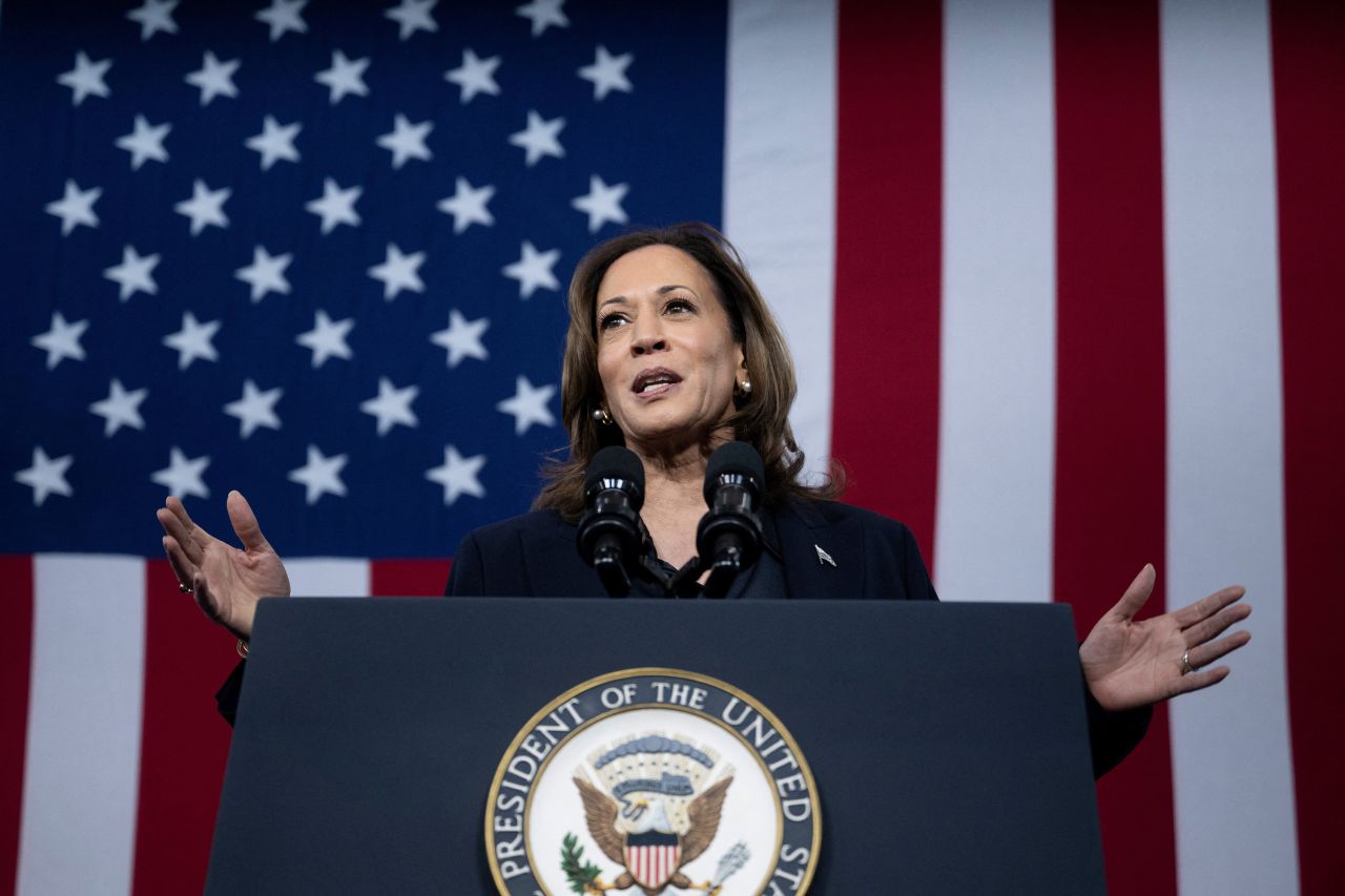 Vice President Kamala Harris speaks to supporters at the Redford Fire Department on October 4, in Redford, Michigan.