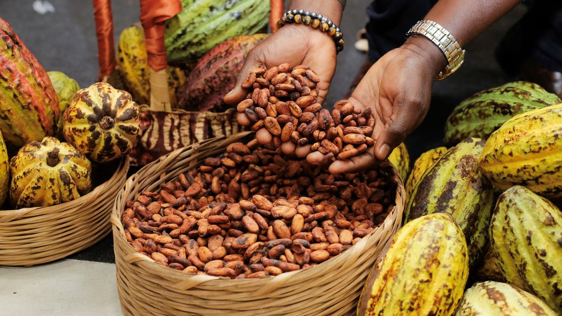 Dried cocoa beans are displayed at the National Cocoa and Chocolate Day in Abidjan, Cote d'Ivoire, on Sept. 28, 2024.