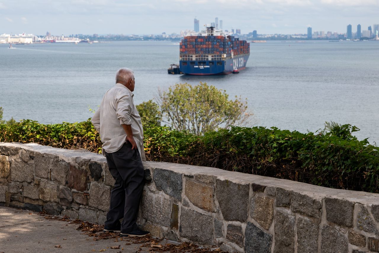 A container ship sits in the New York Harbor as the Port of Newark is closed after members of the International Longshoremen’s Association, or ILA, began walking off the job on October 1 in Elizabeth, New Jersey. The strike of over 50,000 workers at ports along the East Coast and Texas comes after the just-expired master contract with the United States Maritime Alliance, or USMX. Workers are striking over wages, technology and other issues.