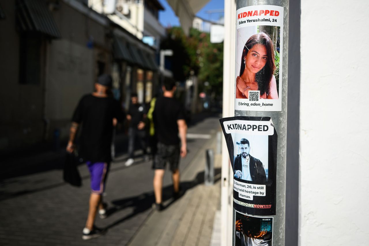 Fliers calling for the return of the Israeli hostages are seen in Tel Aviv on Tuesday.