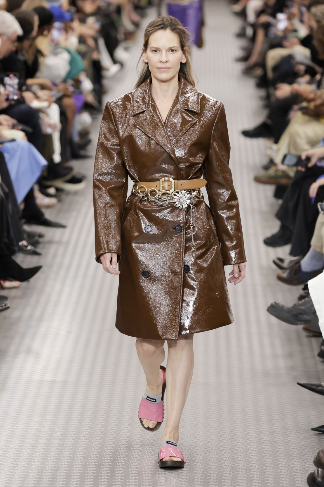 Hilary Swank walked the runway at Miu Miu.