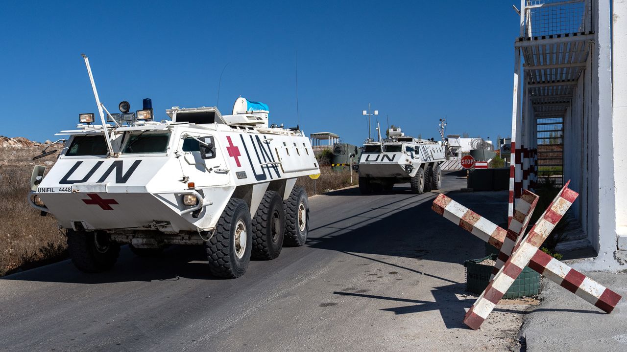 UNIFIL (United Nations Interim Force In Lebanon) armoured personnel carriers depart a base to patrol near the Lebanon- Israel border on October 5.