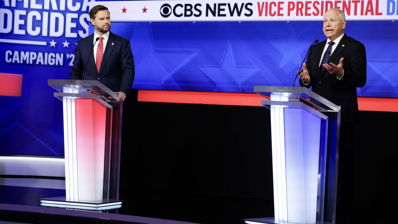 NEW YORK - OCTOBER 01: Republican vice presidential candidate, Sen. JD Vance (R-OH), and Democratic vice presidential candidate, Minnesota Gov. Tim Walz, participate in a debate at the CBS Broadcast Center on October 1, 2024 in New York City. This is expected to be the only vice presidential debate of the 2024 general election. (Photo by Chip Somodevilla/Getty Images)