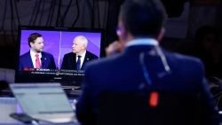 NEW YORK - OCTOBER 01: Reporters watch Republican vice presidential candidate Sen. JD Vance (R-OH) and Democratic vice presidential candidate Minnesota Gov. Tim Walz participate in a debate at the CBS Broadcast Center on October 1, 2024 in New York City. This is expected to be the only vice presidential debate of the 2024 general election. (Photo by Anna Moneymaker/Getty Images)