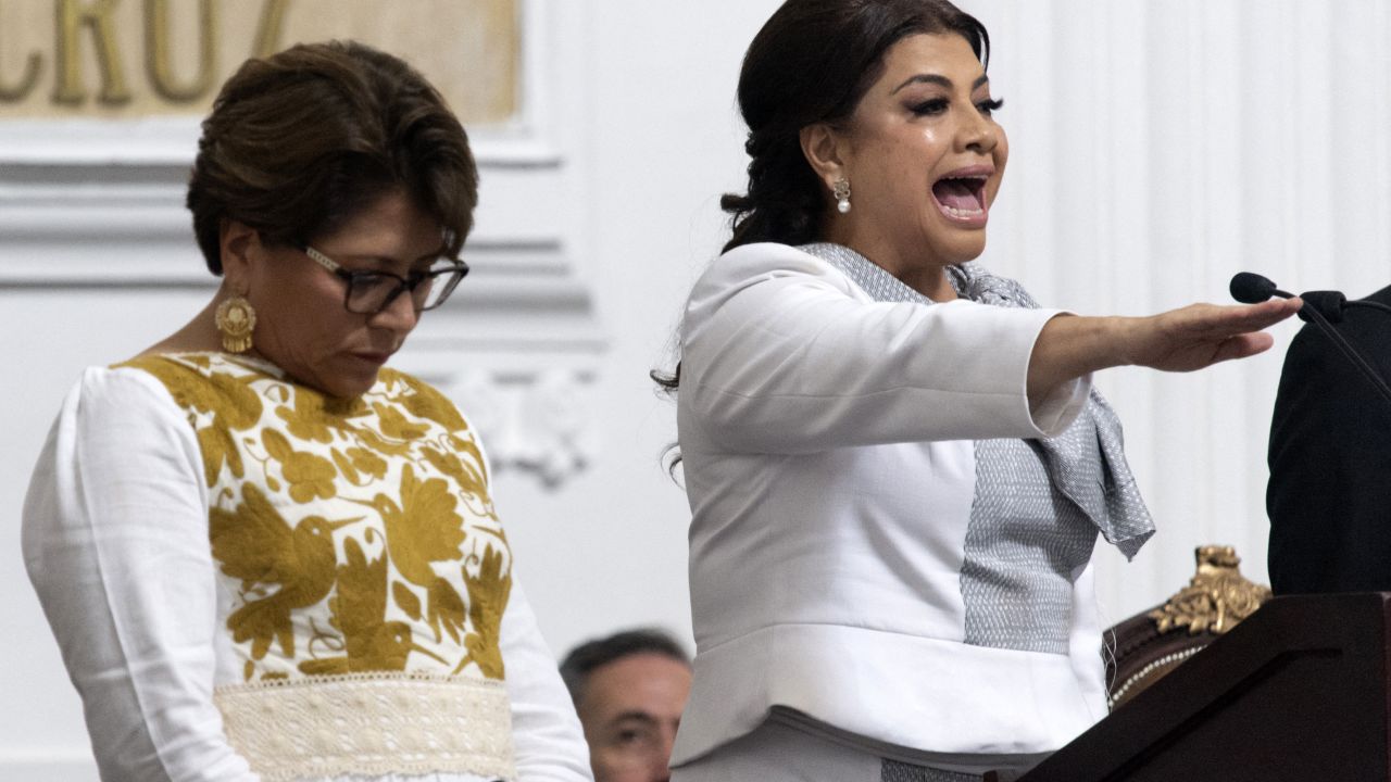 The new Mexico City mayor Clara Brugada (R) swears next to the President of the Board of Directors of the Congress of Mexico City Martha Avila during a ceremony at the local congress in Mexico City on October 5, 2024. (Photo by Yuri CORTEZ / AFP) (Photo by YURI CORTEZ/AFP via Getty Images)