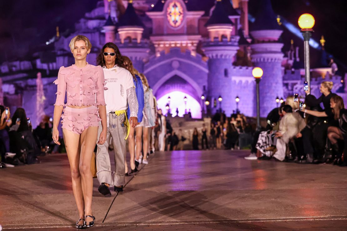 At Coperni's show, staged at Disneyland, models wore palm-inspired ballet flats akin to Donald Duck, horns on shoes and other Disney-inspired detailing that created the feeling of a child-like collection.