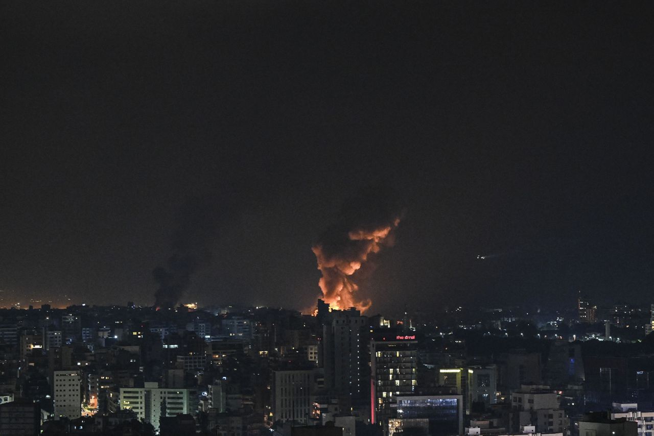 Smoke and flames rise after an Israeli airstrike on Dahiyeh neighborhood in the southern Beirut, Lebanon on October 6.