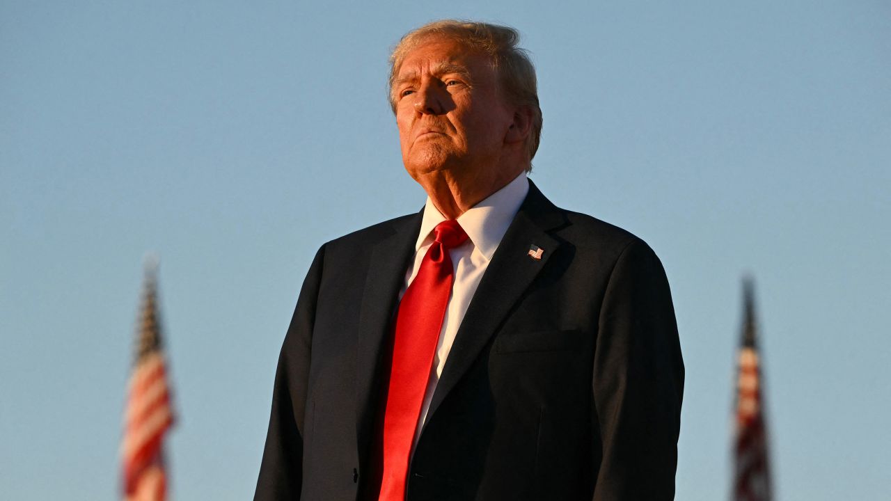 Former US President and Republican presidential candidate Donald Trump looks on during a campaign rally in Butler, Pennsylvania on October 5, 2024.