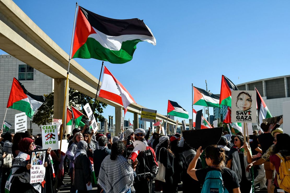 Several hundred activists and community members led by the Palestinian Youth Movement, the U.S. Palestinian Community Network, and other activist organizations gather in Detroit on October 5, 2024.