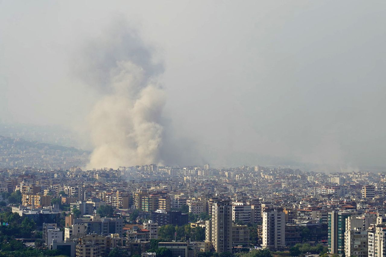 Smoke rises from the site of an Israeli airstrike that targeted a neighbourhood in Beirut's southern suburb on October 6.