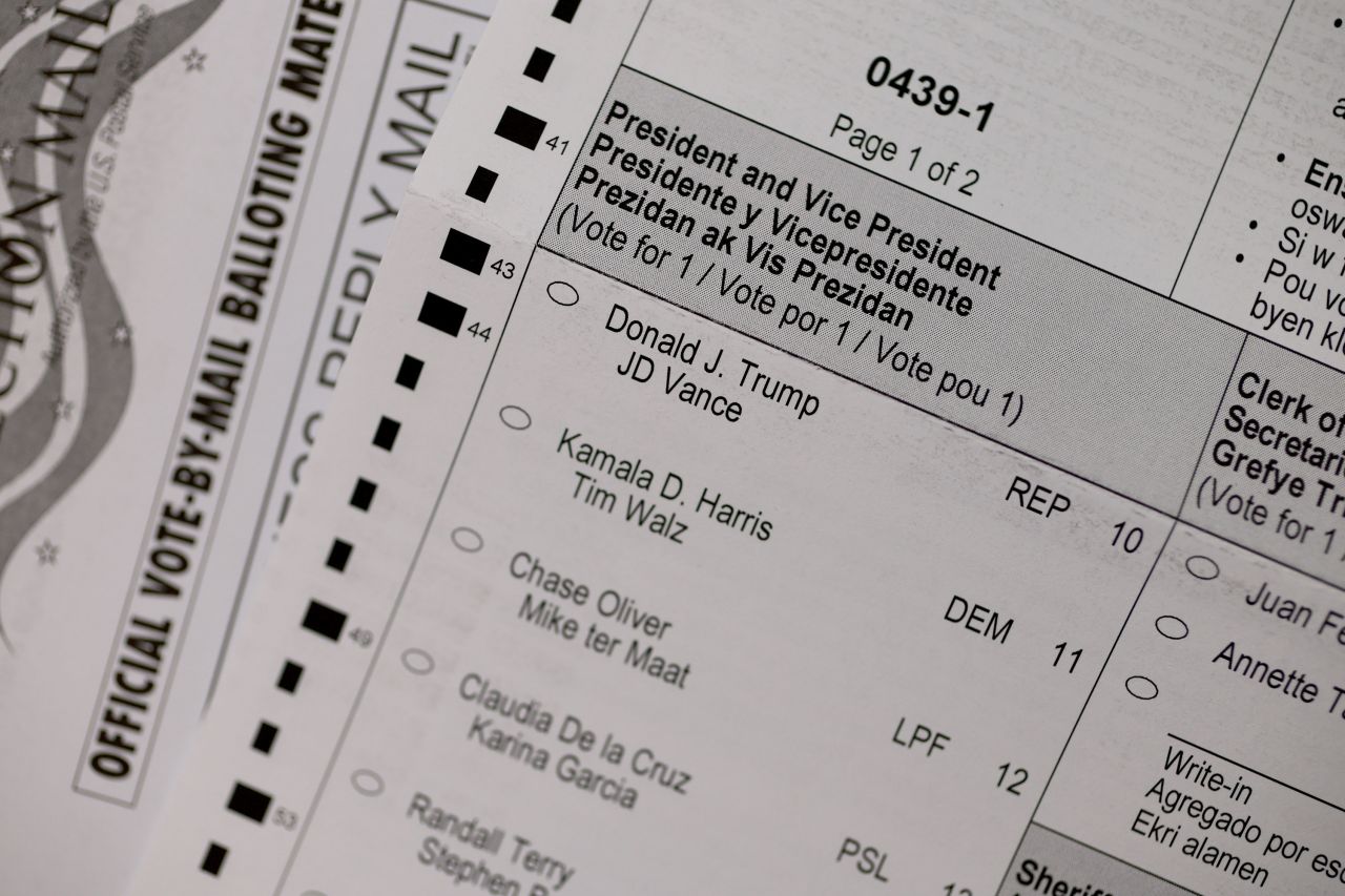 The names of the candidates for the 2024 Presidential election are seen on a vote-by-mail ballot in Miami on October 2.