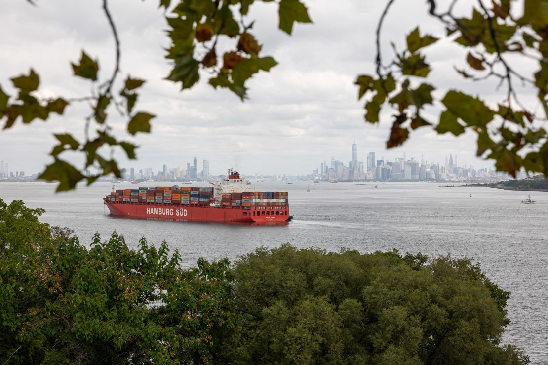 A container ship sits anchored in New York Harbor as it waits for the Port of Newark to re-open after members of the International Longshoremen’s Association walked off the job, in Staten Island, New York, on October 2, 2024.