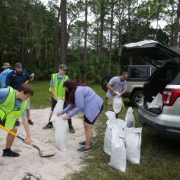 A Park Ranger directs traffic as Pinellas County residents arrive to fill sandbags at John Chestnut Park in Palm Harbor, Florida on October 6, 2024.