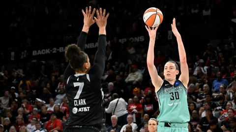 LAS VEGAS, NV - OCTOBER 6: Breanna Stewart #30 of the New York Liberty shoots the ball during the game against the Las Vegas Aces during Round 2 Game 4 of the 2024 WNBA Playoffs on October 6, 2024 at Michelob ULTRA Arena in Las Vegas, Nevada.