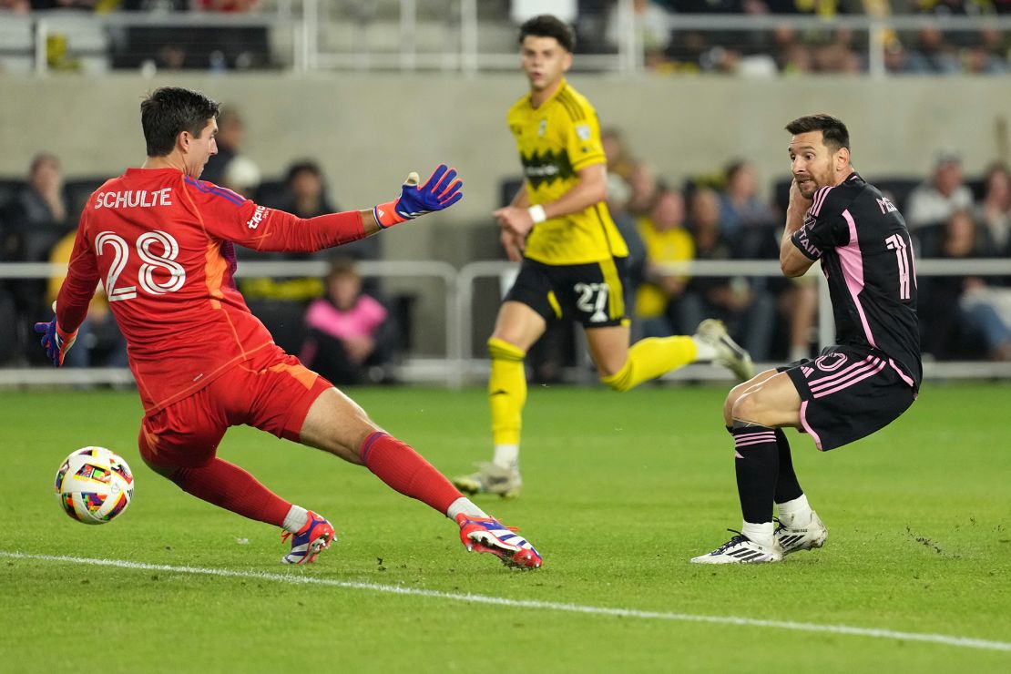 Messi shoots against the Columbus Crew.