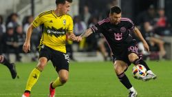 COLUMBUS, OHIO - OCTOBER 02: Lionel Messi #10 of Inter Miami CF controls the ball against Malte Amundsen #18 of the Columbus Crew during the first half at Lower.com Field on October 02, 2024 in Columbus, Ohio. (Photo by Jason Mowry/Getty Images)