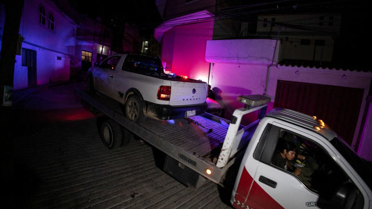 The vehicle where the remains of the mayor of Chilpancingo, Alejandro Arcos of the Institutional Revolutionary Party (PRI) were found is transported on a flatbed truck in Chilpancingo, Guerrero state, on October 6, 2024. The mayor of the southern Mexican city of Chilpancingo has been killed, authorities said Sunday, the latest in a series of killings against politicians in the violence-ravaged Latin American country. (Photo by Jesus GUERRERO / AFP) (Photo by JESUS GUERRERO/AFP via Getty Images)