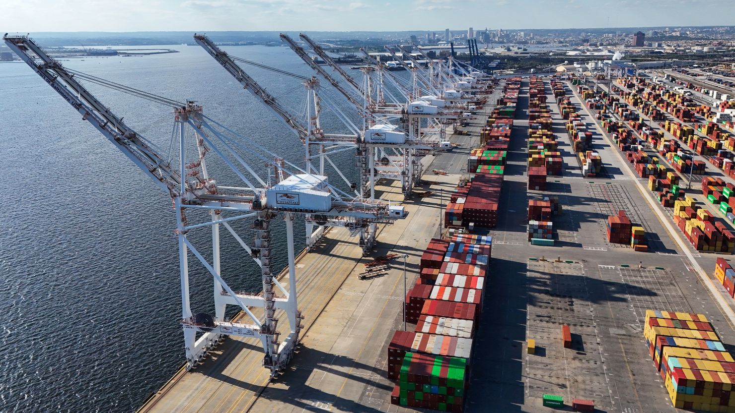 A photo of the Port of Baltimore taken Thursday, when operations at that port and others along the United States' East and Gulf Coasts were shut by the third day of a longshore workers' strike. Strikers returned to work early Friday after union and management negotiators reached a deal on wages.