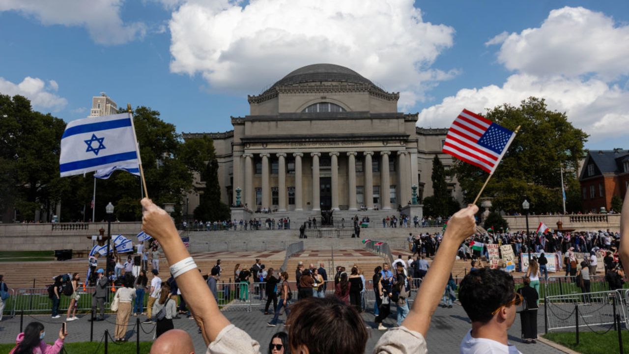 NEW YORK, NEW YORK - OCTOBER 7: Columbia students organize dueling memorials and rallies both for Israel and Palestine on the one-year anniversary of the October 7th Hamas attack, on October 7, 2024 in New York City. Columbia University garnered international news when student activists set up Palestine solidarity encampments on campus. (Photo by Alex Kent/Getty Images)