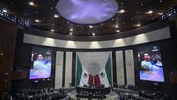 General view of the hall where the coffin of the late Mexican congresswoman Ifigenia Martinez lies in state during a ceremony at the Mexican Congress in Mexico City on October 7, 2024. Mexican institutions and political leaders paid tribute on October 6 to the president of the Chamber of Deputies, Ifigenia Martínez, a figure of the left and feminism who died at the age of 94, four days after leading the historic investiture of Claudia Sheinbaum as the country's first female president.  (Photo by ALFREDO ESTRELLA / AFP) (Photo by ALFREDO ESTRELLA/AFP via Getty Images)