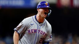 Pete Alonso of the New York Mets rounds the bases after hitting a home run in the ninth inning against the Milwaukee Brewers during Game Three of the Wild Card Series at American Family Field in Milwaukee, Wisconsin, on October 03, 2024.