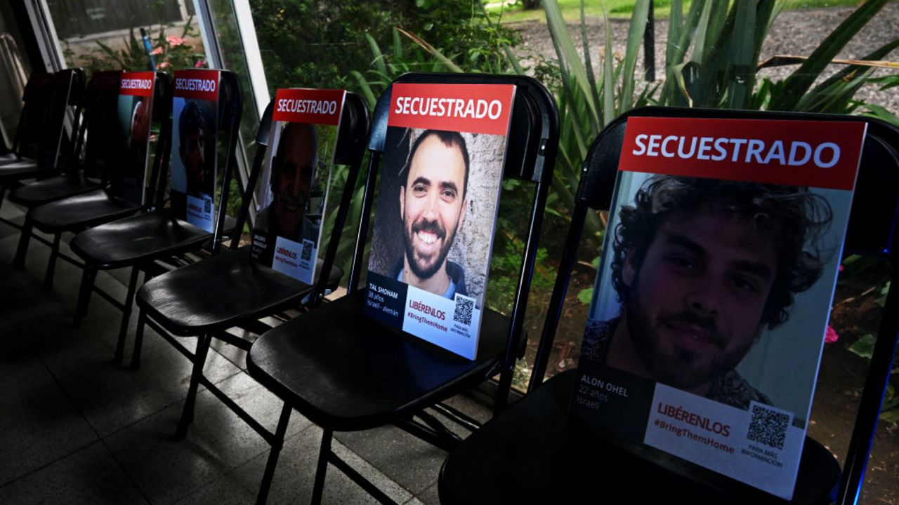 Signs with portraits of Gaza hostages that read in spanish 'Kidnapped' are seen during a commemoration ceremony for the victims of the Hamas attack on October 7 last year within the framework of the first anniversary of the Israel-Hamas conflict in Santiago on October 7, 2024. With candles, prayers and music, commemorations for the October 7 attack began in Israel's Tel Aviv on October 6 at a ceremony to mark the first anniversary of the Hamas onslaught at the Nova music festival. The anniversary comes with Israel engaged in a fresh war in Lebanon against Hezbollah and preparing to retaliate against Tehran, raising fears of an even wider conflict. (Photo by RODRIGO ARANGUA / AFP) (Photo by RODRIGO ARANGUA/AFP via Getty Images)